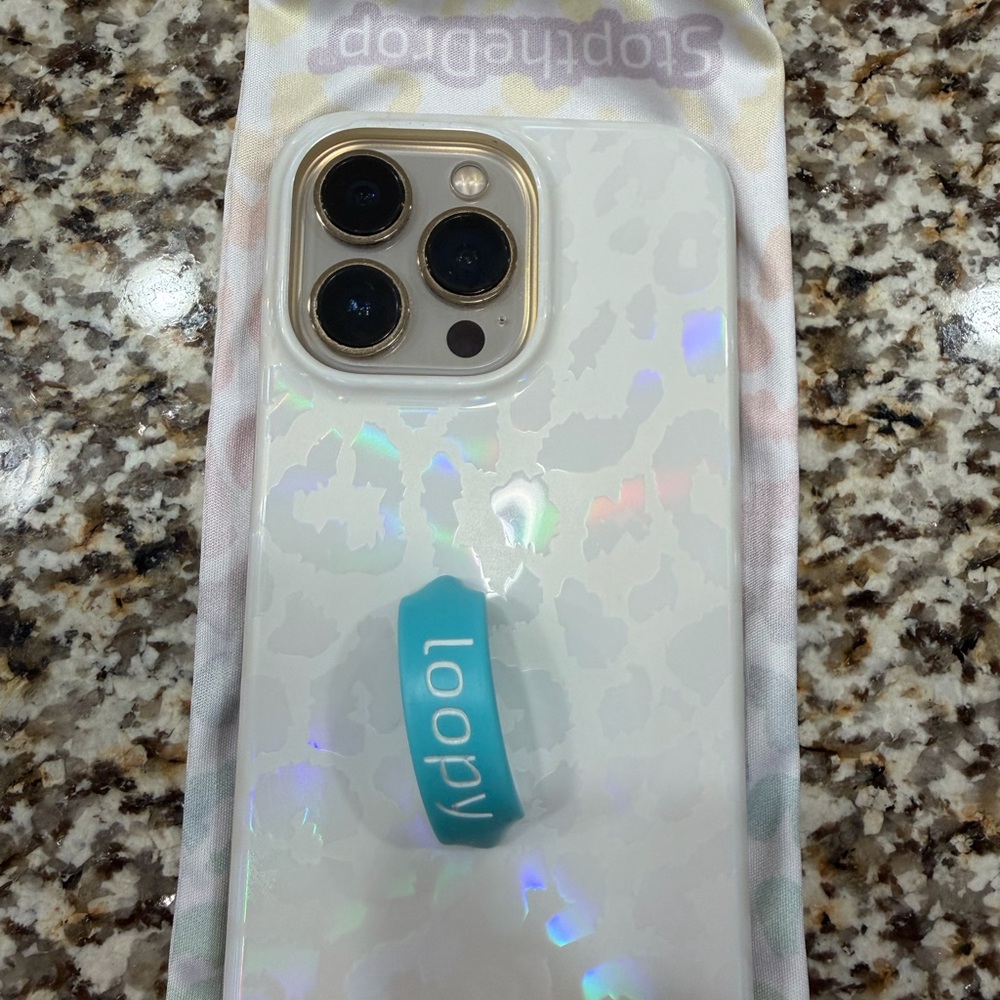 iPhone 13 Pro White leopard print case with Loopy